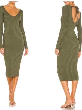 NBD Olive Ribbed Deep V-Neck Long Sleeve Midi Dress